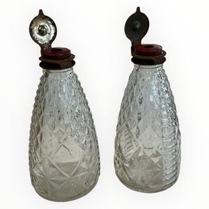 Vintage Pressed Glass Oil Vinegar Cruet Set Flip Top Metal Lids 5.25 inch